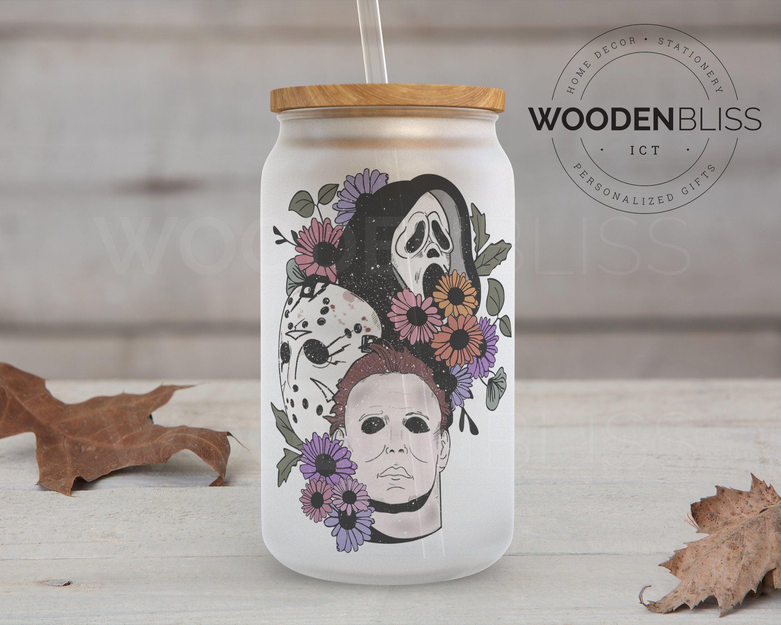 Halloween Glass Tumbler with Wooden Lid and Straw