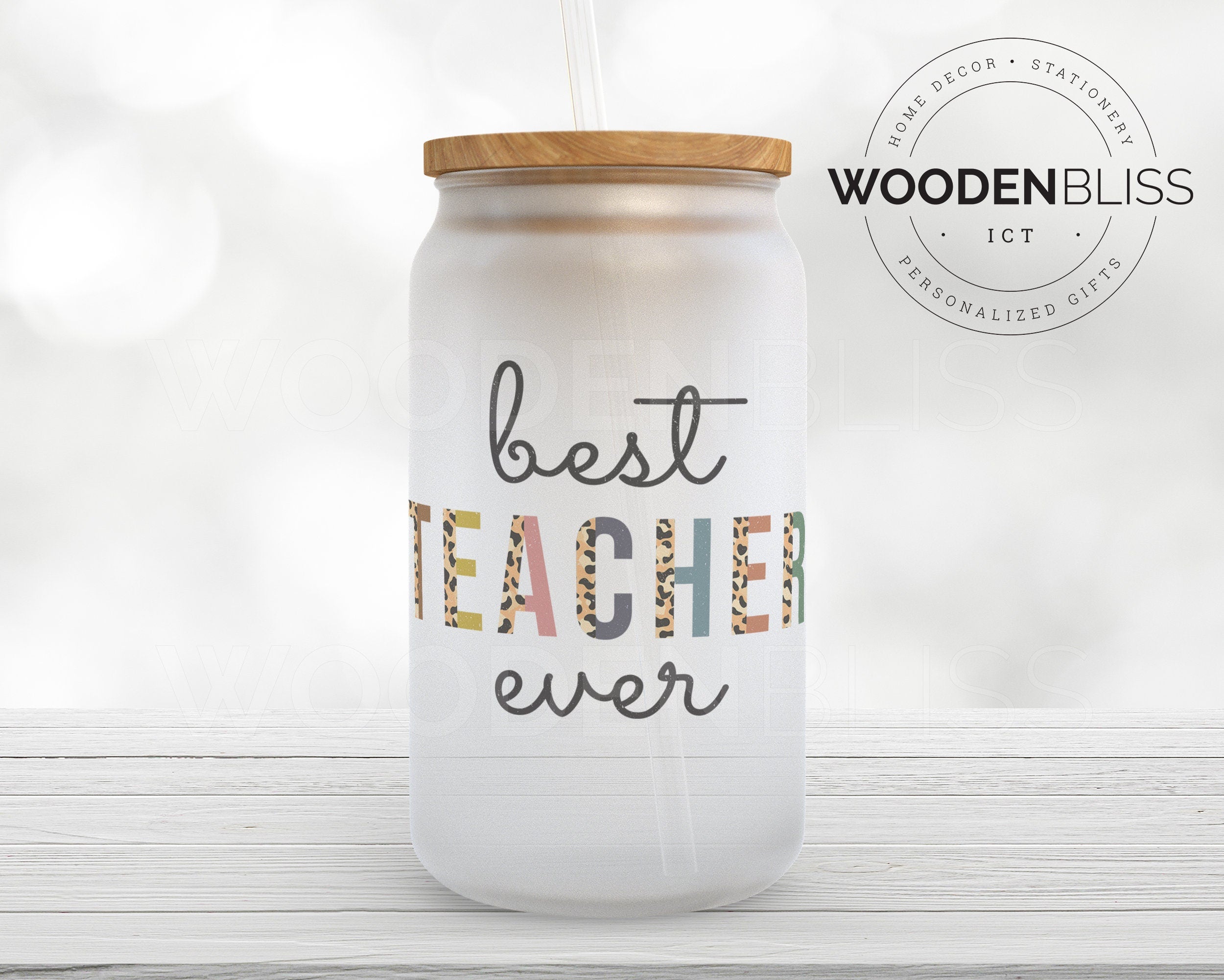 Teacher Design 16oz Libbey Glass Cup/ With Bamboo Lid and Glass Straw/  Coffee Drinker/ Believer, Motivator, Innovator, Educator Gift