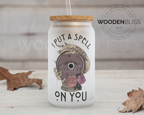 Halloween Frosted Glass Can | I Put A Spell On You | Straw and Lid Included | Birthday Gift | Halloween Themed | Black Magic