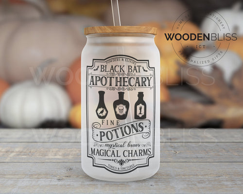 Halloween Glass Can | Black Bat Potions | Straw and Lid Included | Birthday Gift | Halloween Decor | Black Magic | Glass Beer Can