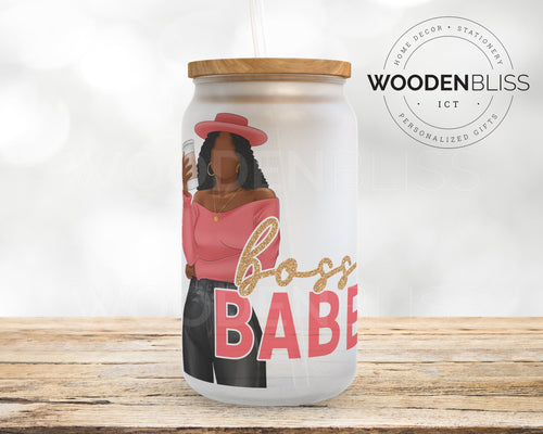 Boss Babe Glass Can, Black Girl Magic Iced, Coffee Glass Cup, Straw and Lid Included, Birthday Gift, Black Love, Christmas Gift, Juneteenth