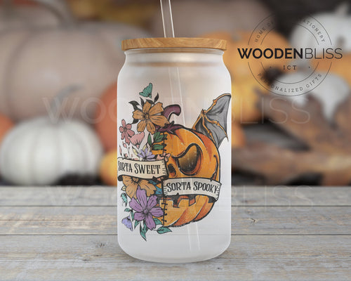 Halloween Glass Cup | Sorta Sweet Sorta Spooky | Pumpkin Seeds | Straw and Lid Included | Birthday Gift | Fall Decor | Fall Tumbler