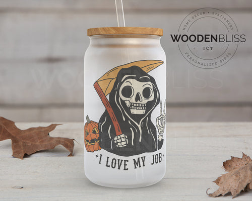 Halloween Glass Can | Grim Reaper | I Love My Job | Straw and Lid Included | Birthday Gift | Fall Decor | Halloween Costume