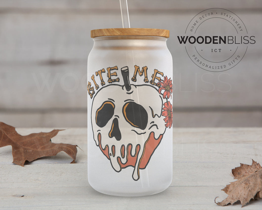 Halloween Glass Can | Bite Me Skeleton Apple | Straw and Lid Included | Fall Decor | Halloween Costume | Fall Decor | Pumpkin Spice Latte