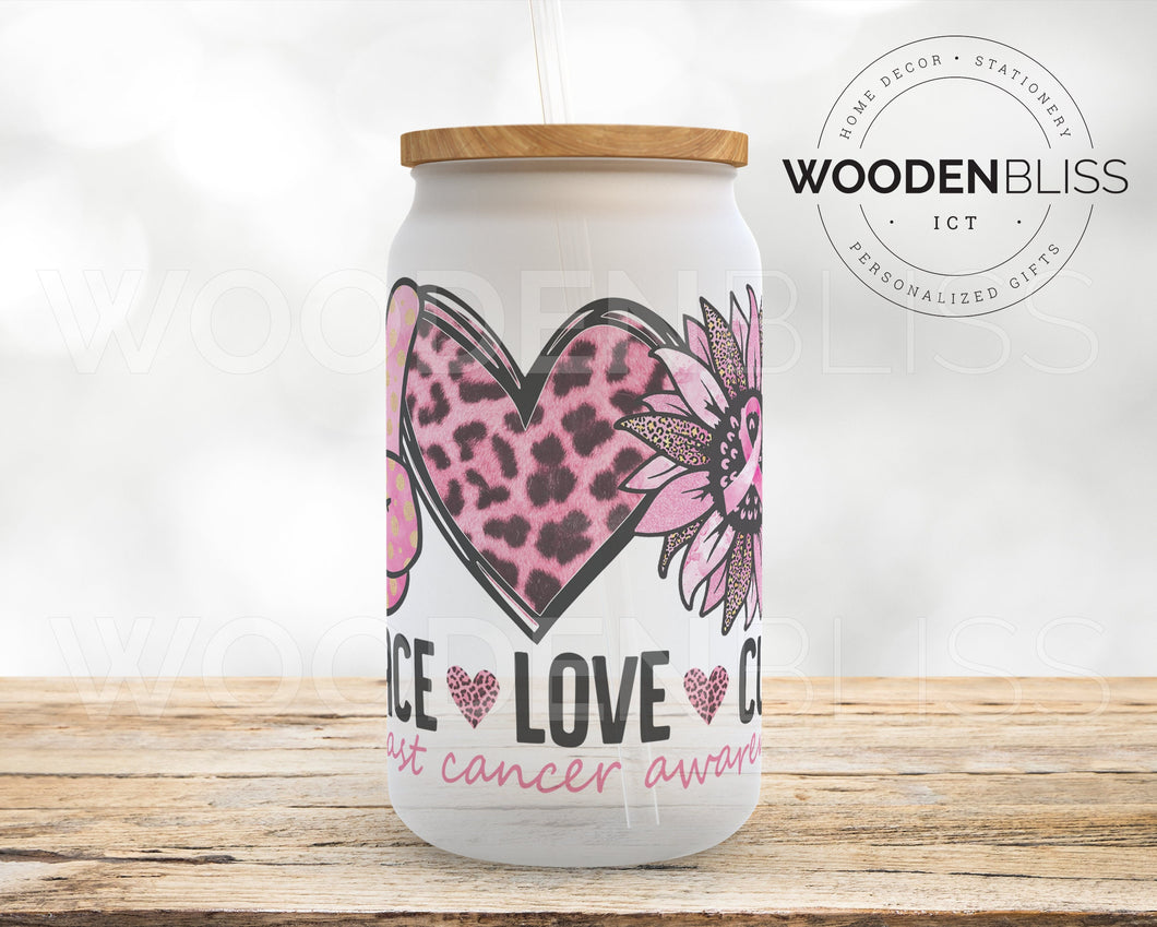 Breast Cancer Awareness Month, Iced Coffee Glass Can, Frosted Glass Tumbler, Straw & Bamboo Lid Included, Gift For Her, Fall Decor