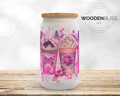 Breast Cancer Awareness, Iced Coffee Glass Can, Coffee Lover Gift, Straw & Bamboo Lid Included, Cold Brew Cup, Gift For Her, Frosted Glass