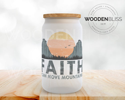 Faith Can Move Mountains Glass Cup, Iced Coffee Glass Can, Frosted Glass Tumbler, Bible Verse Glass Cup, Gift For Her, Christian Gifts