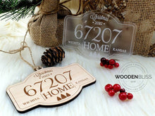 Load image into Gallery viewer, Christmas Ornament, Family Name 2022, Gift For Couple, Wedding Gift, Zip Code, Mr and Mrs gift, Holiday, Wood Ornament, Christmas Gift
