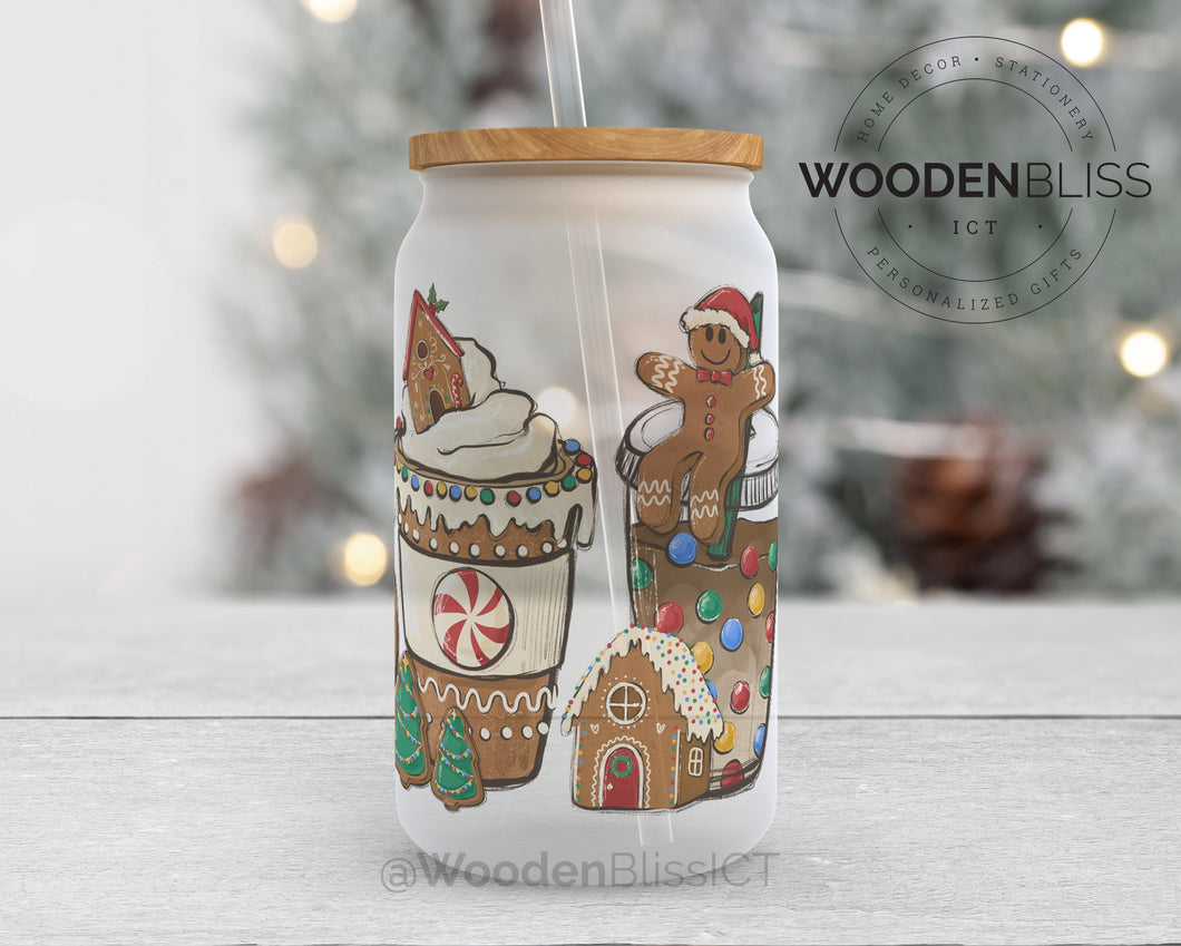 Gingerbread Frosted Coffee Can, Iced Coffee Glass Can, Coffee Lover Gift, Straw & Bamboo Lid Included, Cold Brew Cup, New Years, Santa Milk