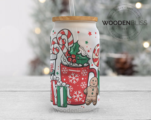 Christmas Gingerbreads Frosted Coffee Can, Iced Coffee Glass Can, Coffee Lover Gift, Straw & Bamboo Lid Included, College Student Gifts