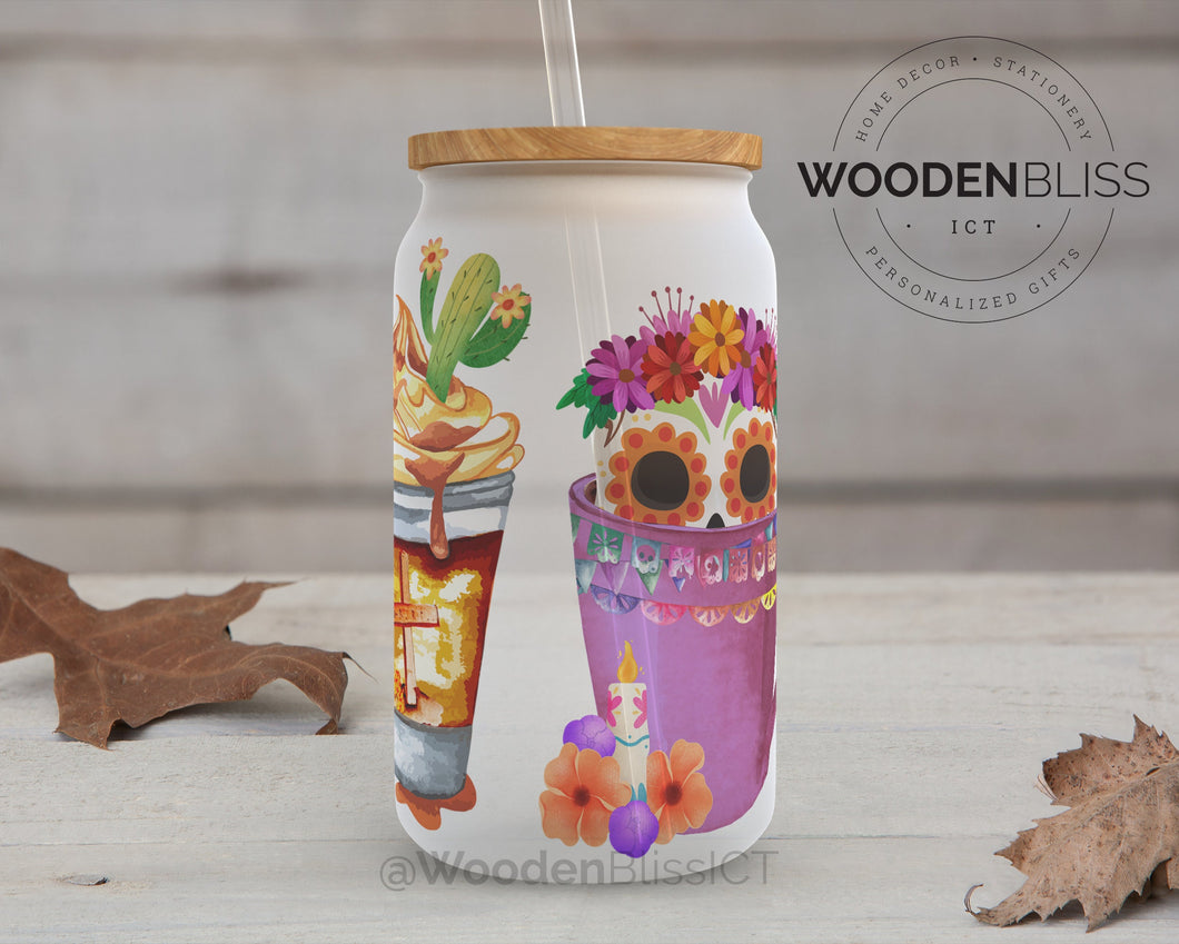 Dia de Muertos Latte Iced Coffee Glass Can, Day of the Dead Glass Cups, Mexican Holiday, Halloween Decor, November 1st, Glassware Drinkware